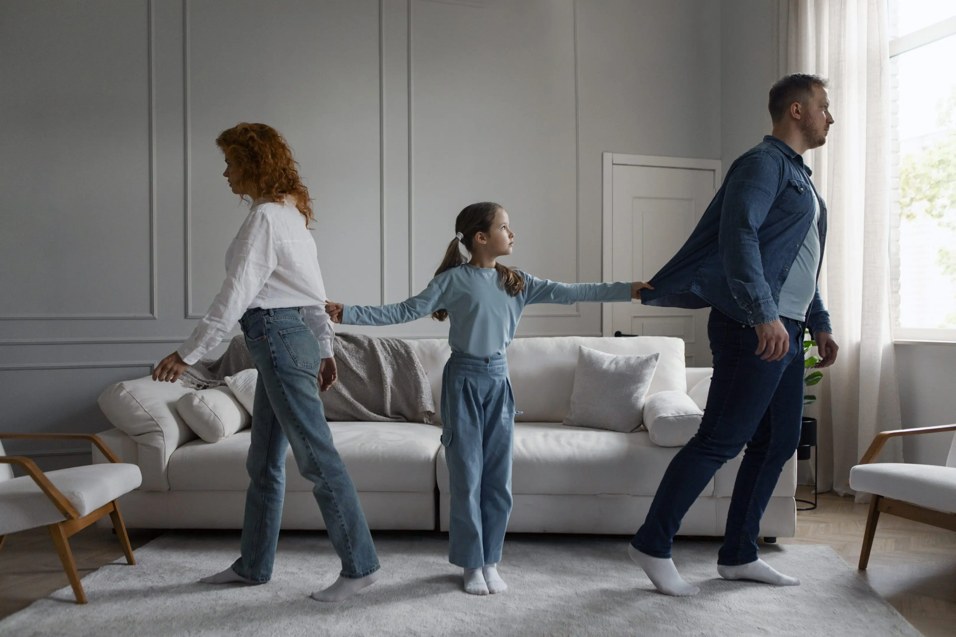 Parents conflicts. Father and mother going to different sides, daughter holding their clothes, standing in the middle. Divorce, breakup concept