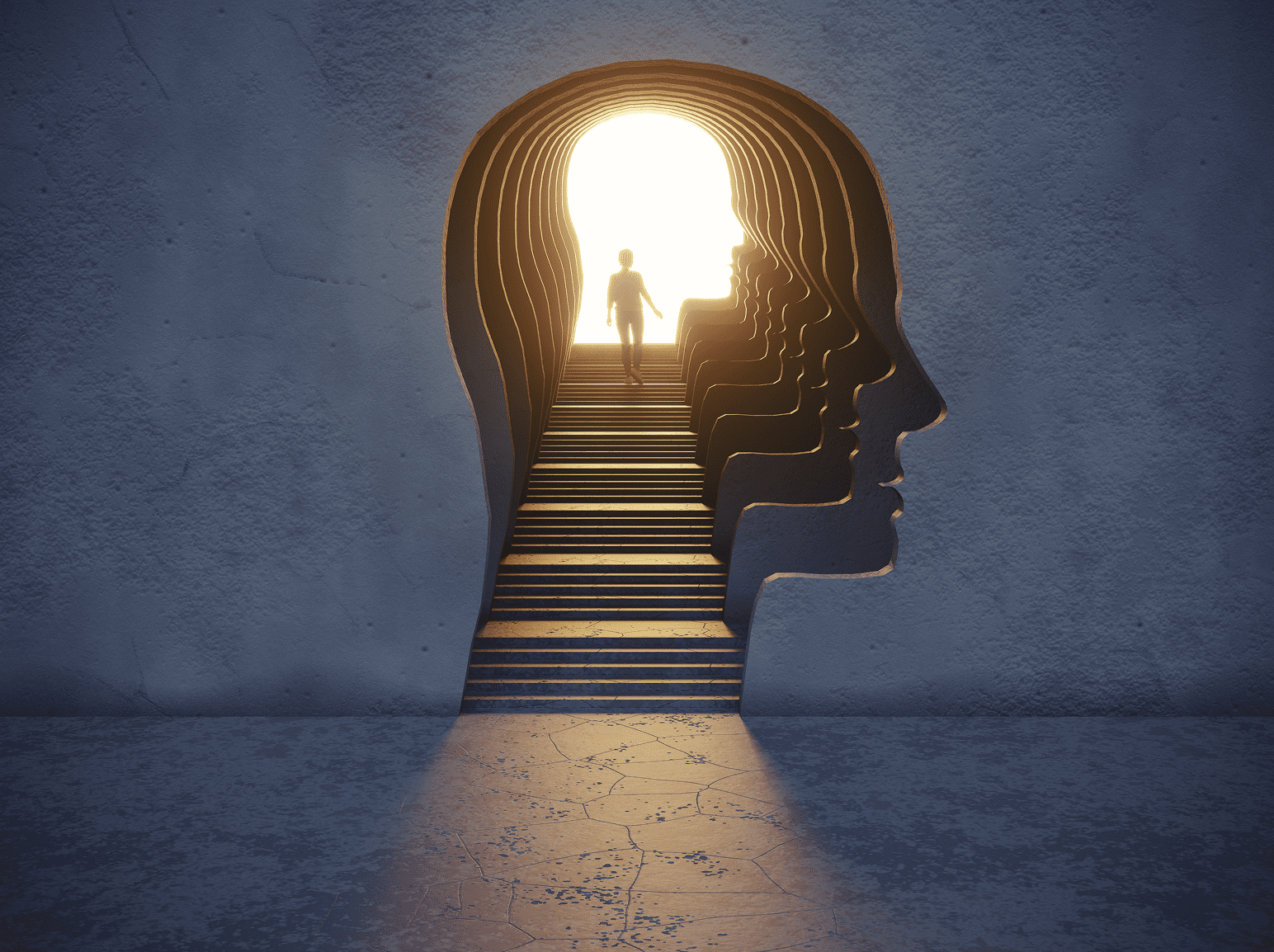 Person entering bright light through head