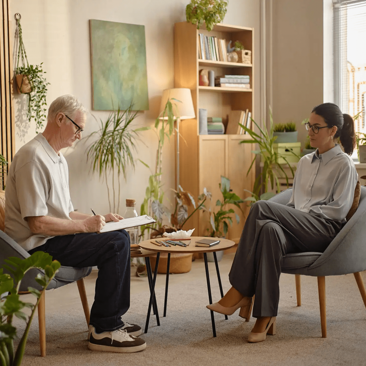 Therapist taking notes in a cozy office