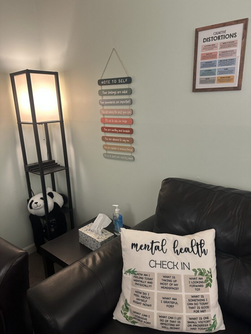 Cozy therapy corner with mental health signs